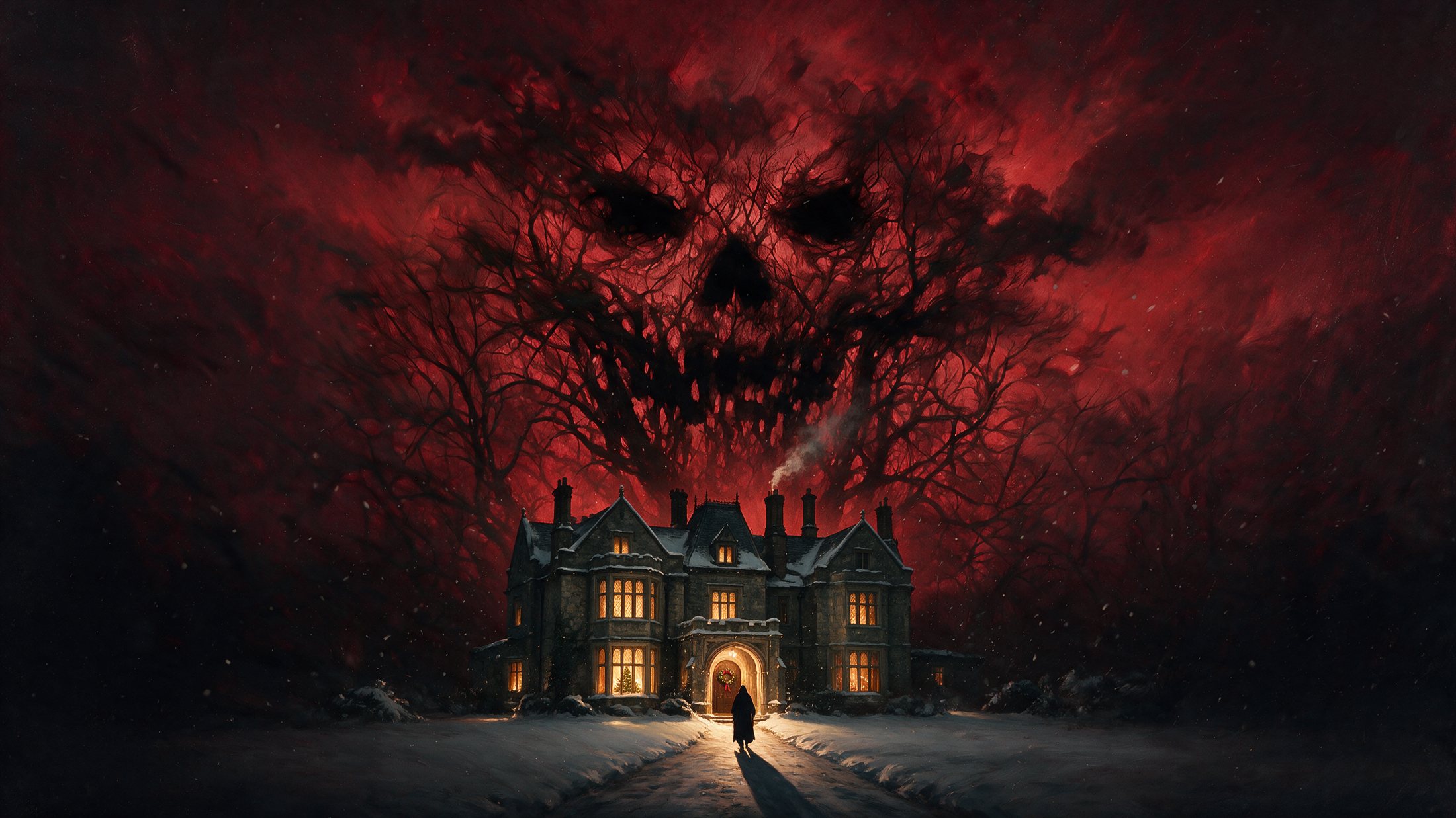 Ravenscroft Hall small and lit against the snow, a vast skull of bare branches filling the red sky above it